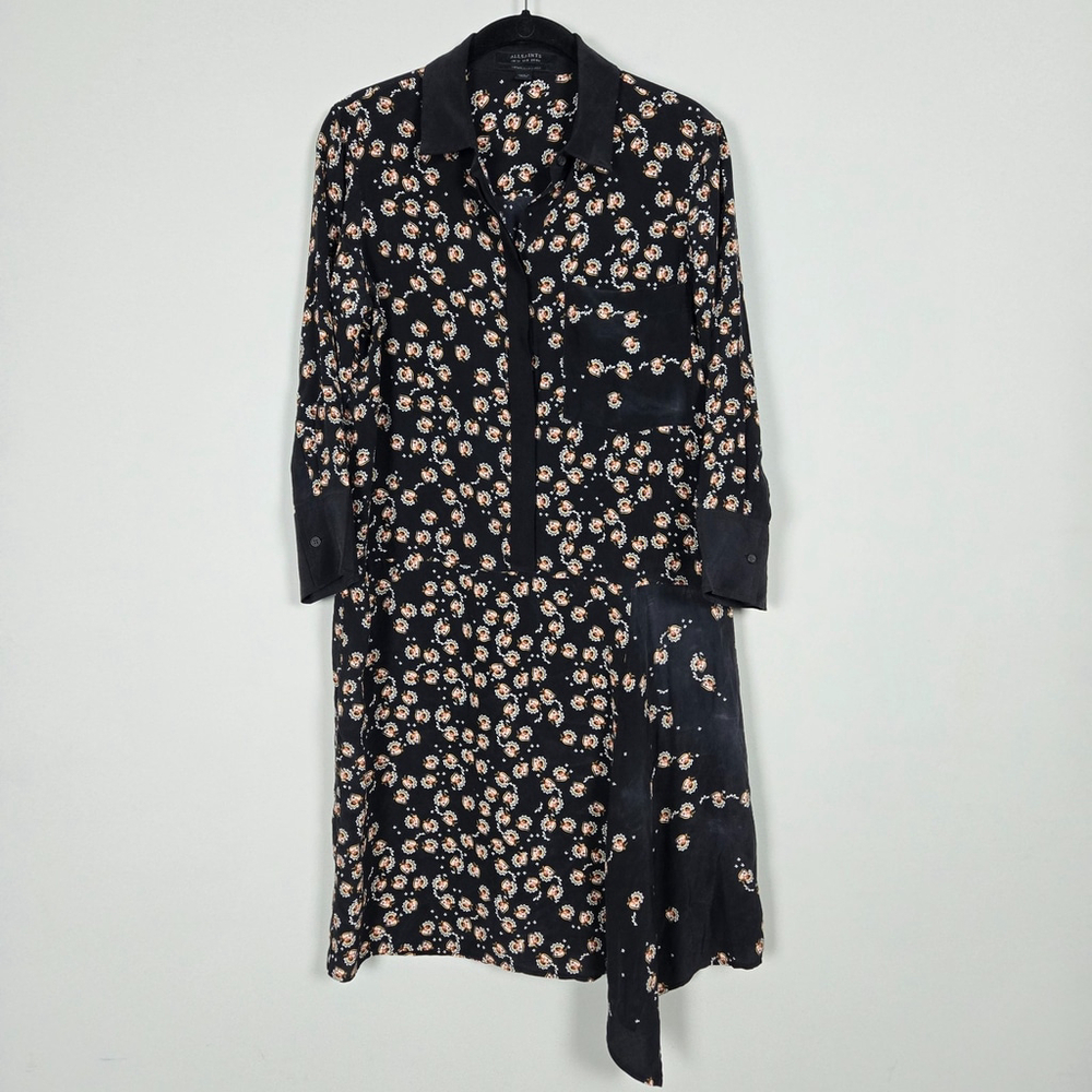 AllSaints Womens Floral Silk Shirt Dress Size 8 Black Quiet Luxury Asymmetric - Picture 2 of 8